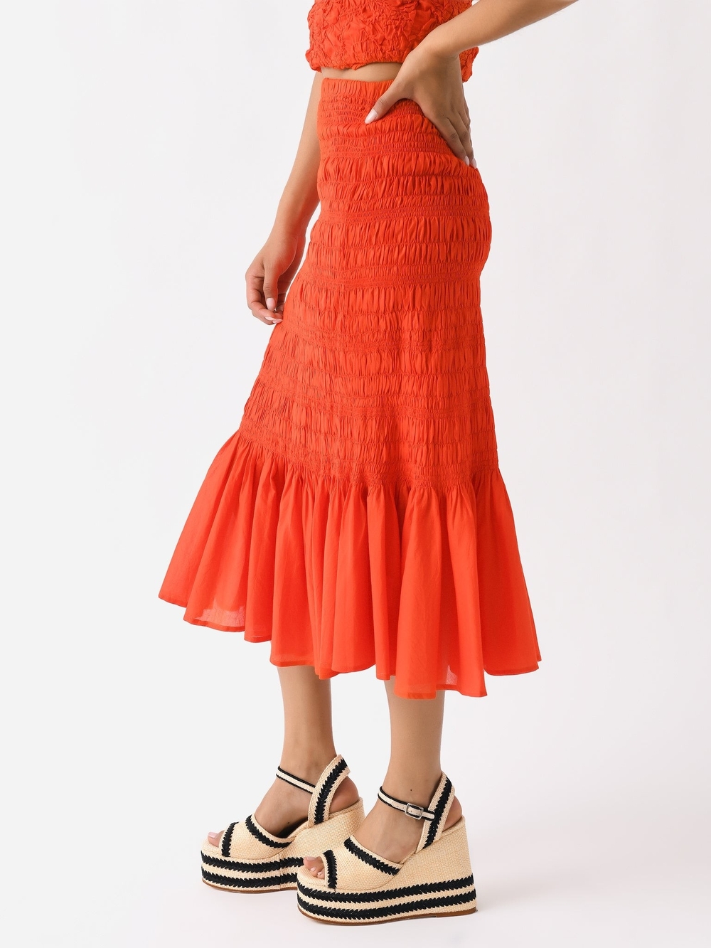 Smocked Midi Skirt with Flounce Hem in Bright Orange